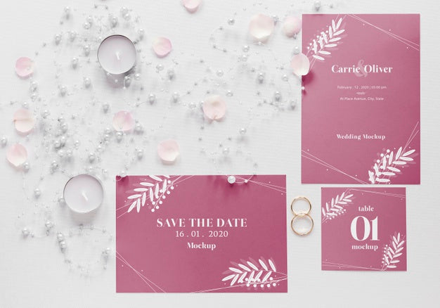 Free Fat Lay Of Wedding Cards With Candles And Rings Psd