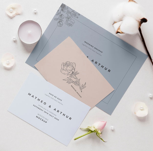Free Fat Lay Of Wedding Cards With Cotton And Candles Psd