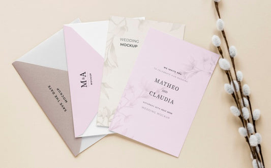 Free Fat Lay Of Wedding Cards With Flowers Psd