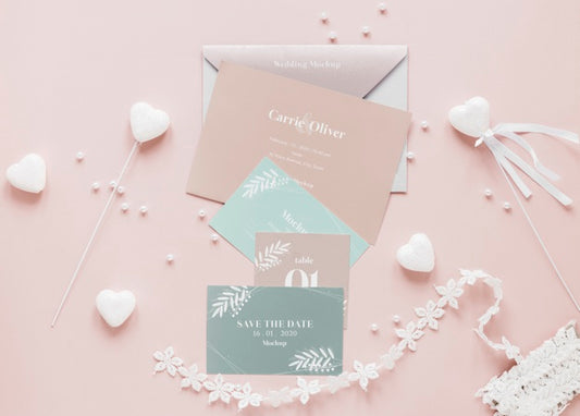 Free Fat Lay Of Wedding Cards With Heart Decorations Psd