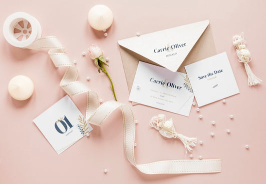Free Fat Lay Of Wedding Cards With Ribbon And Candles Psd