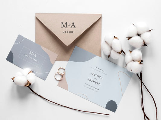 Free Fat Lay Of Wedding Cards With Rings And Cotton Psd