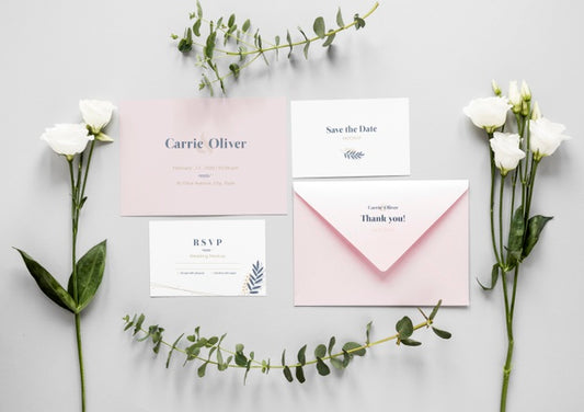 Free Fat Lay Of Wedding Cards With Roses And Plants Psd