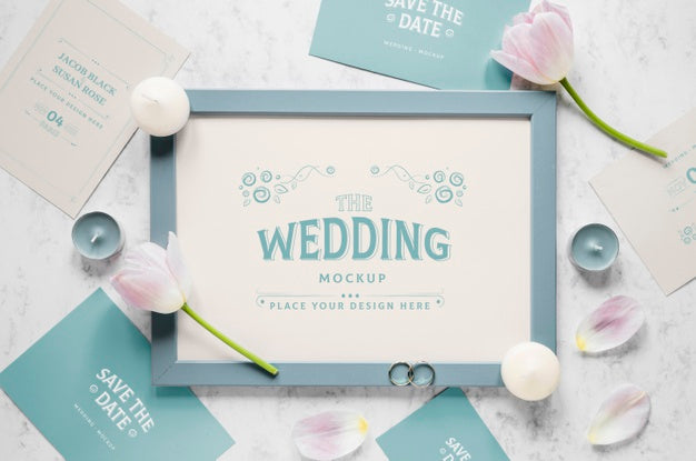 Free Fat Lay Of Wedding Frame With Tulips And Candles Psd