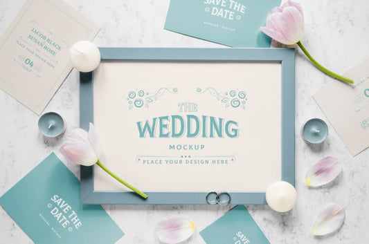 Free Fat Lay Of Wedding Frame With Tulips And Candles Psd