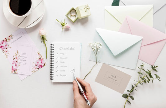 Free Fat Lay Of Wedding Notebook With Envelopes And Flowers Psd