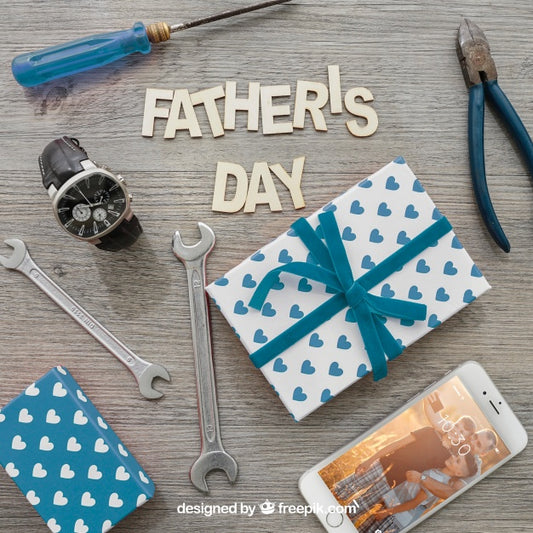 Free Father'S Day Lettering, Gift Boxes, Smartphone, Watch And Tools Psd