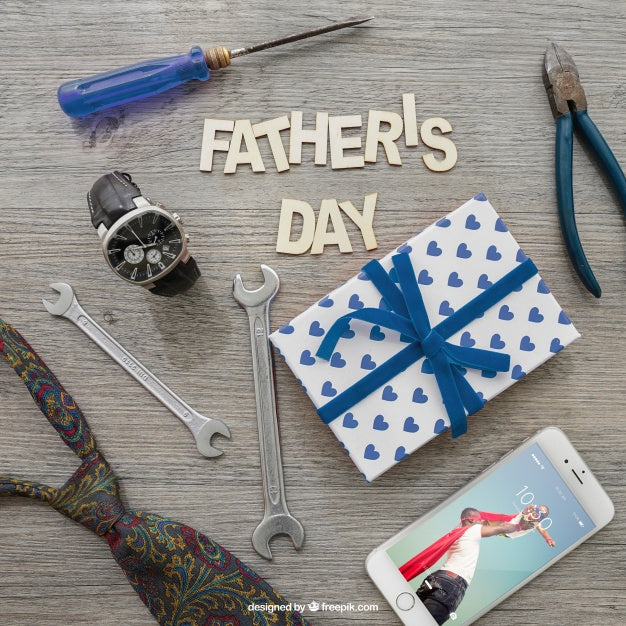 Free Father'S Day Lettering, Smartphone, Gift Box And Tools Psd