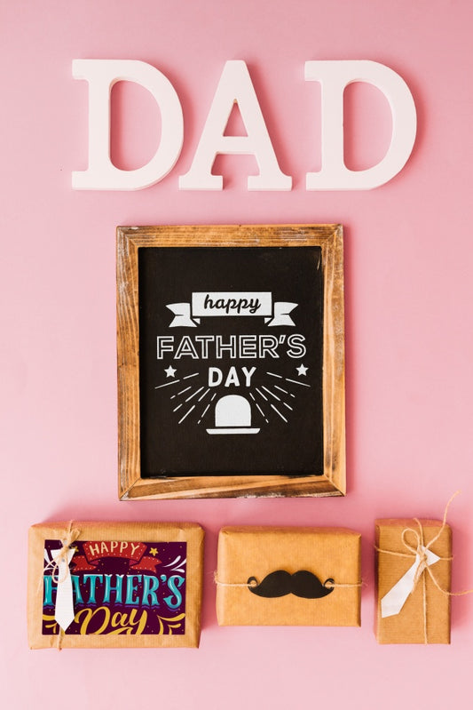 Free Fathers Day Mockup With Slate Above Present Boxes Psd