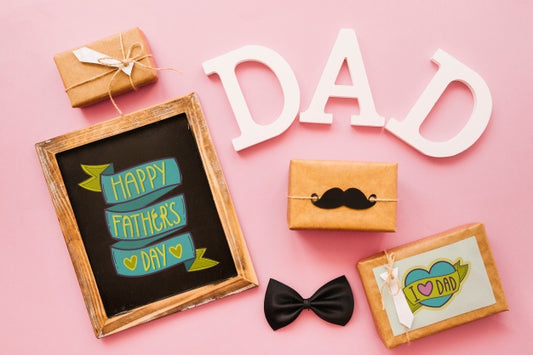 Free Fathers Day Mockup With Slate And Gift Boxes Psd