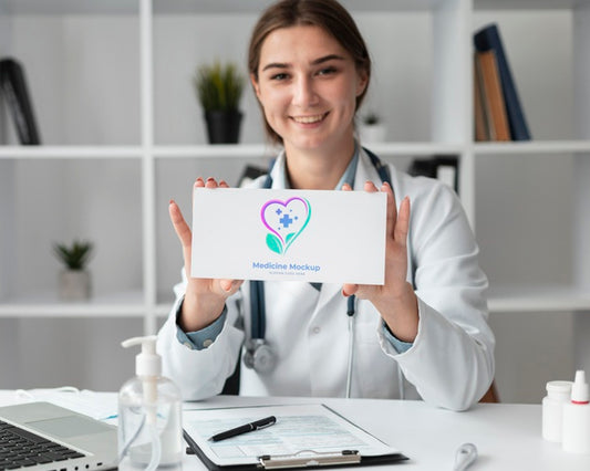 Free Female Doctor Holding A Mock-Up Card Psd