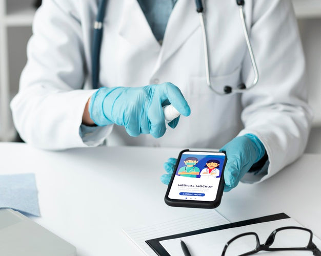 Free Female Doctor Holding A Mock-Up Smartphone Psd