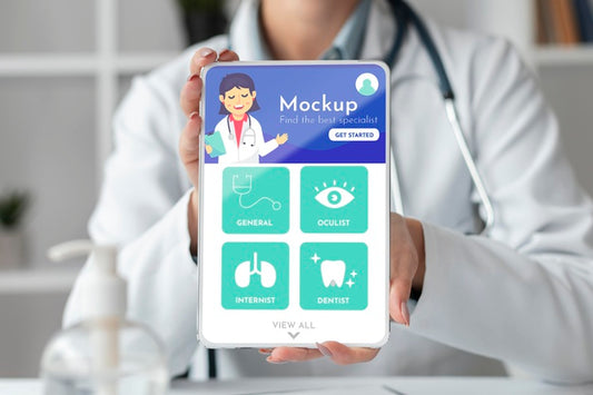 Free Female Doctor Working On A Mock-Up Tablet Psd