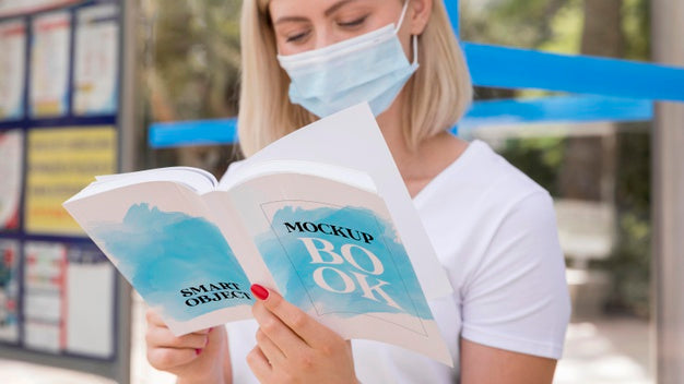 Free Female With Mask On Street Reading Book Psd