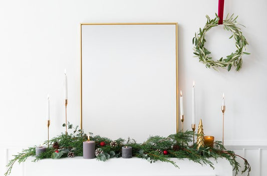 Free Festive Golden Photo Frame Against A White Wall Psd