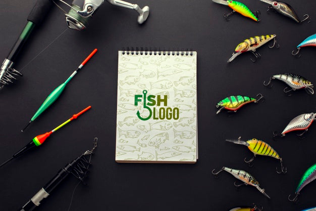 Free Fishing Accessories Bait And Notepad Mock-Up Psd