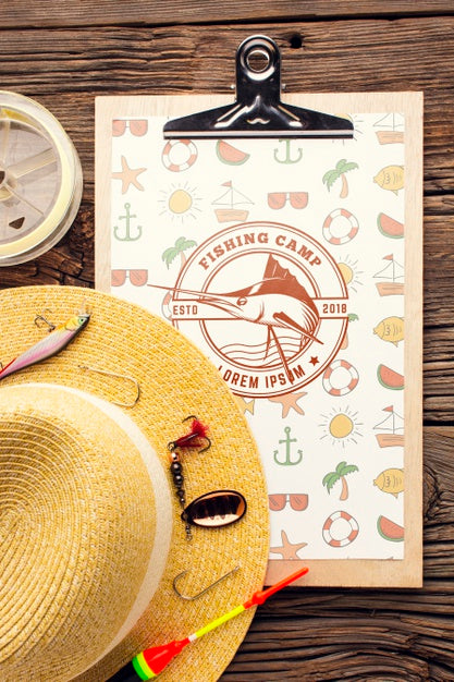Free Fishing Accessories Mock-Up And Summer Hat Psd