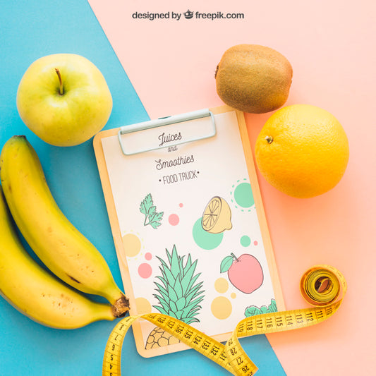 Free Fitness Mockup With Clipboard And Fruits Psd