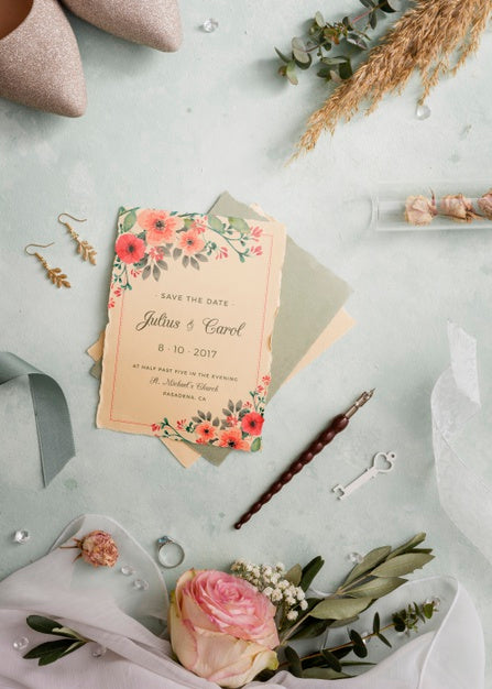 Free Flat Lay Arrangement Of Wedding Elements With Card Mock-Up Psd