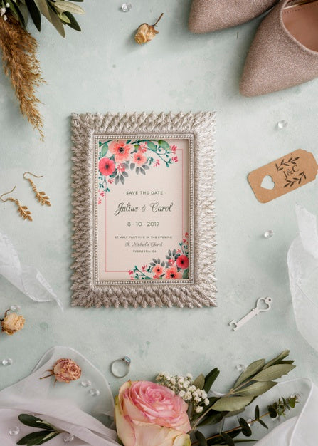 Free Flat Lay Arrangement Of Wedding Elements With Frame Mock-Up Psd
