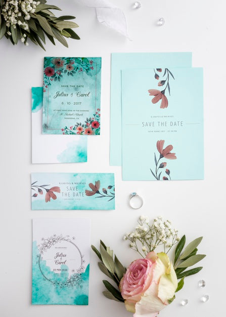Free Flat Lay Arrangement Of Wedding Elements With Invitation Mock-Up Psd