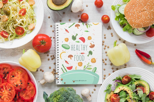 Free Flat Lay Arrangement With Healthy Food And Notebook Psd