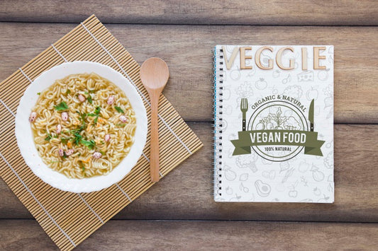 Free Flat Lay Arrangement With Soup And Notebook Psd