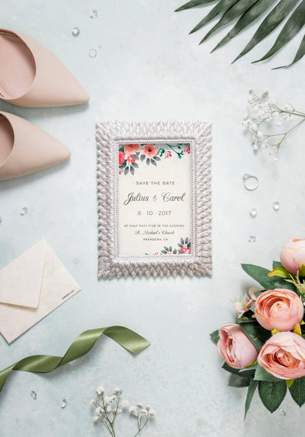 Free Flat Lay Assortment Of Wedding Elements With Frame Mock-Up Psd