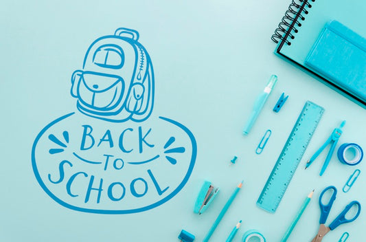 Free Flat Lay Back To School With Blue Supplies Psd