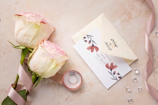 Free Flat Lay Beautiful Arrangement Of Wedding Elements With Invitation Mock-Up Psd