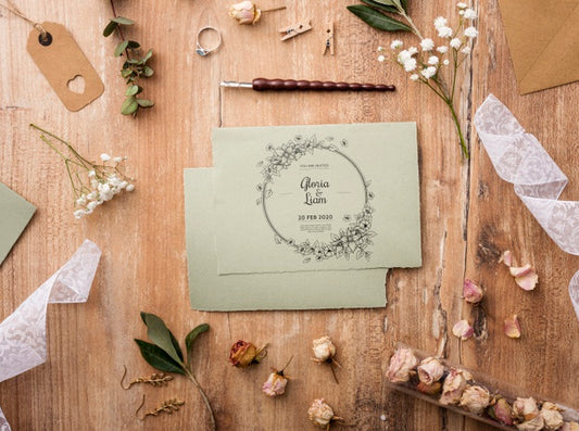Free Flat Lay Beautiful Assortment Of Wedding Elements With Card Mock-Up Psd