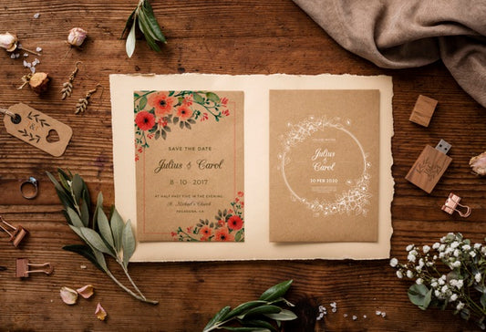 Free Flat Lay Beautiful Assortment Of Wedding Elements With Invitation Mock-Up Psd
