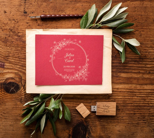 Free Flat Lay Beautiful Composition Of Wedding Elements With Invitation Mock-Up Psd