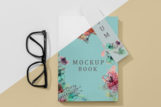Free Flat Lay Book Mock-Up With Glasses And Bookmark Psd