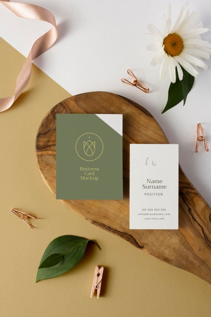 Free Flat Lay Business Cards On Wood Piece Psd