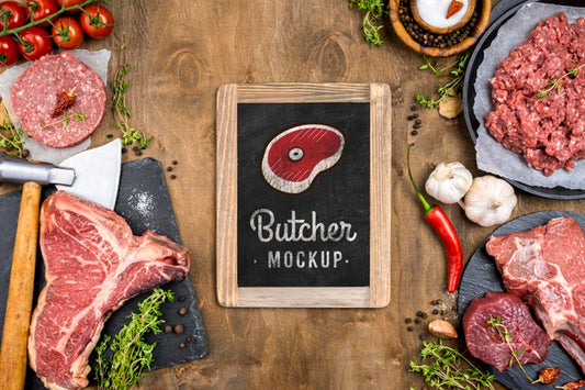 Free Flat Lay Butcher Shop With Fresh Meat Psd