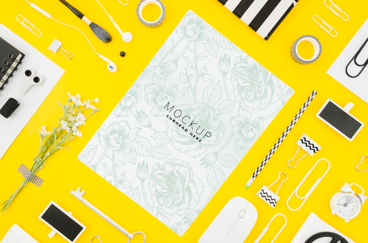 Free Flat Lay Card Mock-Up On Yellow Background Psd