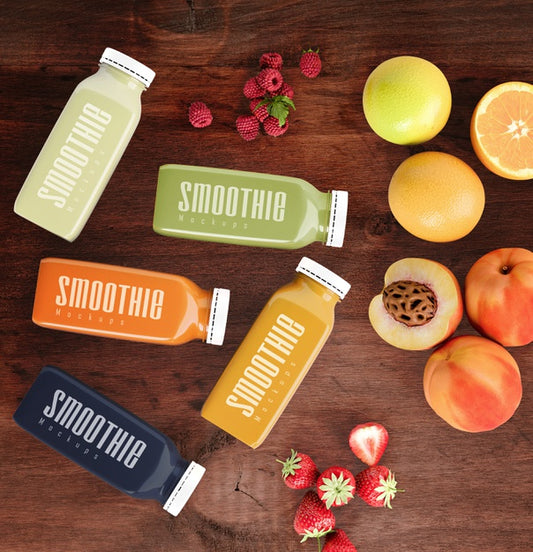 Free Flat Lay Colorful Smoothies Next To Fruits Mock-Up Psd