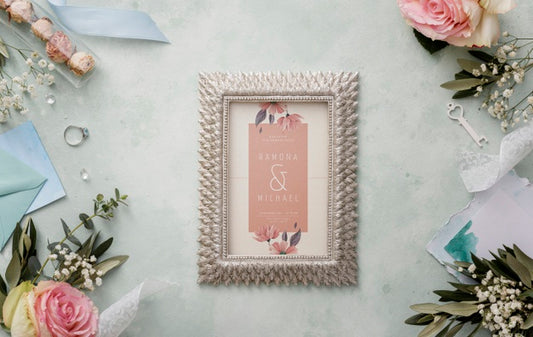 Free Flat Lay Composition Of Wedding Elements With Frame Mock-Up Psd