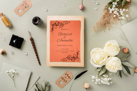 Free Flat Lay Composition Of Wedding Elements With Invitation Mock-Up Psd