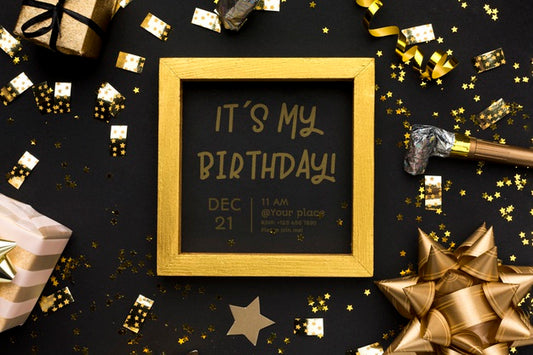 Free Flat Lay Confetti With Golden Frame Psd