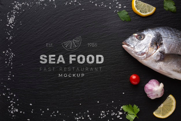 Free Flat Lay Delicious Sea Food Assortment With Mock-Up Psd