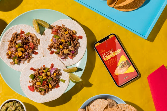 Free Flat Lay Delicious Tacos On Plate Mock-Up Psd