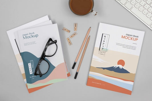 Free Flat Lay Desk Arrangement With Books And Pencils Psd