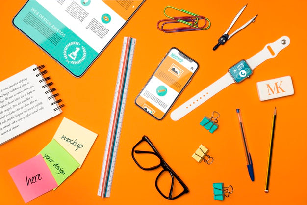 Free Flat Lay Desk Items And Devices Arrangement Psd