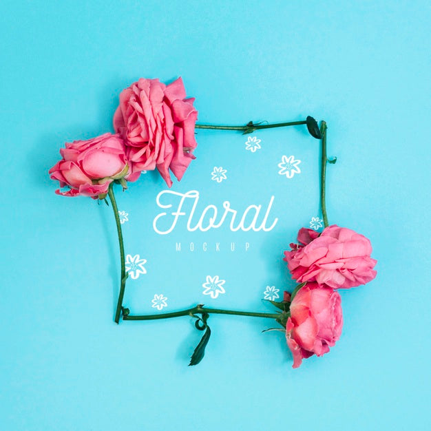 Free Flat Lay Floral Frame Pink Roses Mockup Psd