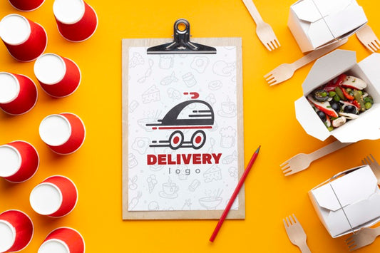 Free Flat Lay Food Delivery Arrangement With Clipboard Mock-Up Psd