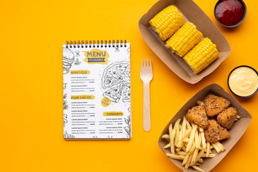 Free Flat Lay Food Delivery Assortment With Notepad Mock-Up Psd