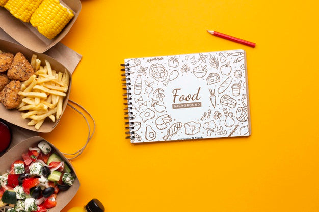 Free Flat Lay Food Delivery Composition With Notepad Mock-Up Psd