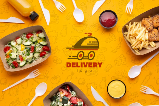 Free Flat Lay Food Service Arrangement With Background Mock-Up Psd
